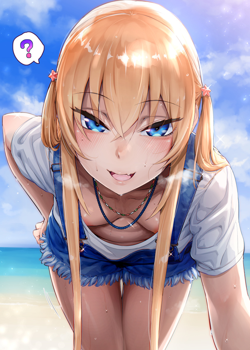 1girls absurdres areolae blonde_hair blue_eyes blush breasts cleavage down_blouse female female_only heart-shaped_pupils highres hinnyuu-chan_(iku) iku_(ikuchan_kaoru) looking_at_viewer no_bra oblivious original pointy_chin small_breasts solo sweat