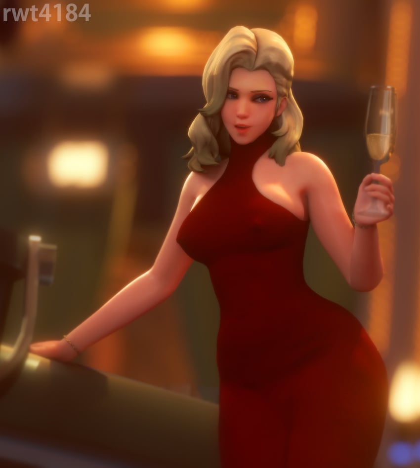 3d blonde_hair bracelets champagne champagne_glass dress erect_nipples female formal_wear hips mercy no_bra overwatch rwt4184