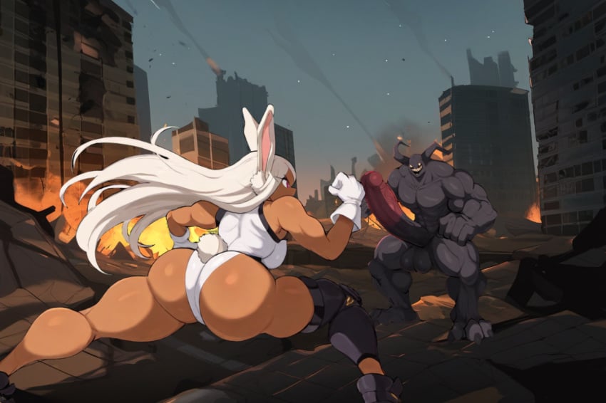 1boy ai_generated ass battle big_ass dark-skinned_female dat_ass erection female fight huge_ass huge_cock injury large_breasts leotard miruko mullon muscular_male my_hero_academia nipples novelai rumi_usagiyama superheroine thick_thighs villain