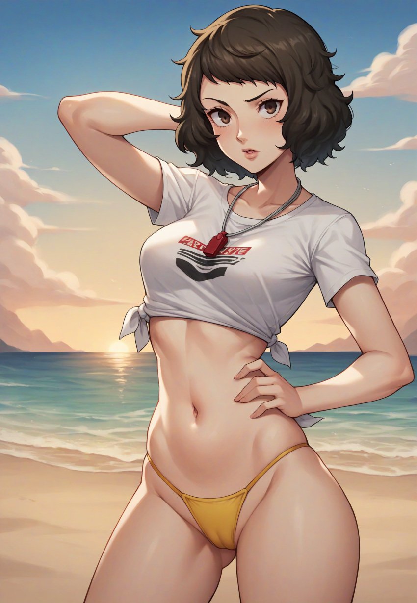 1girls ai_generated atlus beach bikini brown_hair brown_hair_female curly_hair curly_hair_female female female_focus female_only light-skinned_female light_skin looking_at_viewer megami_tensei persona persona_5 robinlover sadayo_kawakami sega short_hair short_hair_female solo solo_female solo_focus tagme