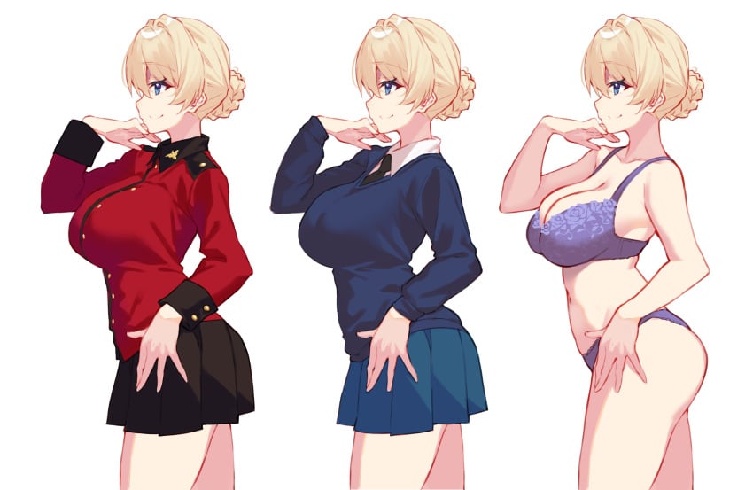 2022 alternate_costume belly black_skirt blonde_hair blue_eyes blue_skirt breasts cleavage darjeeling eyebrows eyebrows_visible_through_hair girls_und_panzer hair_bun jumper kimi_tsuru large_breasts navel necktie pale-skinned_female round_ass school_uniform shiny_hair simple_background skirt sweater thighs tie underwear