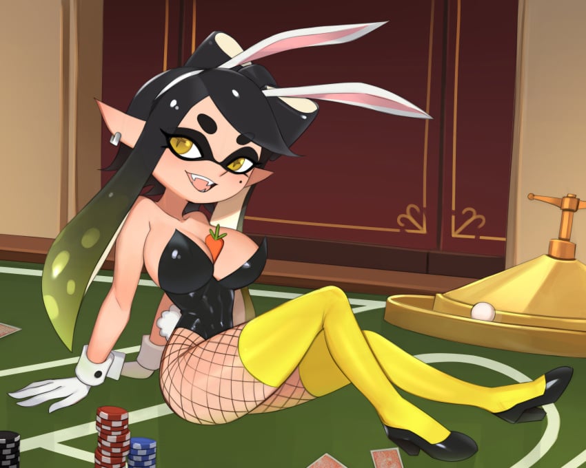 barleyshake between_breasts black_hair breasts callie_(splatoon) card carrot ear_piercing female fishnet_pantyhose fishnets gloves high_heels inkling inkling_player_character large_breasts leotard looking_at_viewer nintendo open_mouth pantyhose piercing playboy_bunny playing_card poker_chip poker_table roulette_table sitting smile solo splatoon table tentacle_hair wrist_cuffs yellow_eyes