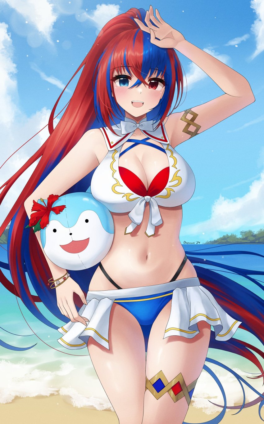 1girls :d alear_(female)_(fire_emblem) alear_(female)_(seaside_dragon)_(fire_emblem) alear_(fire_emblem) alternate_costume alternate_hairstyle ball bare_arms bare_midriff bare_thighs beachball bikini blue_bikini blue_eyes blue_hair blue_swimsuit breasts character_ball doiparuni female female_only fire_emblem fire_emblem_engage fire_emblem_heroes flower hair_between_eyes heterochromia highres large_breasts long_hair looking_at_viewer midriff multicolored_hair navel nintendo ocean official_alternate_costume official_alternate_hairstyle outdoors ponytail red_bikini red_eyes red_flower red_hair red_swimsuit smile solo sommie_(fire_emblem) split-color_hair stomach swimsuit thighs very_long_hair white_bikini white_swimsuit