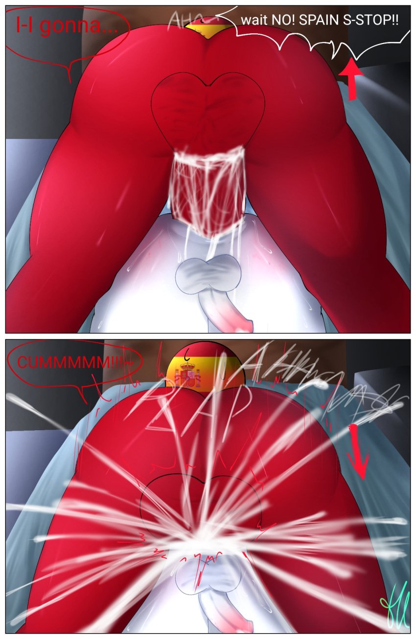 1boy 1futa 44waa29304 anal back back_view big_ass big_penis bottomless breasts clothed clothing countryhumans countryhumans_girl cum cumming_in_ass dialogue duo ejaculation england_(countryhumans) english_text futa_is_bigger futa_on_male futanari humanoid male on_bed on_stomach orgasm partially_clothed penis prone_bone red_skin size_difference small_penis smaller_male spain_(countryhumans) tagme text white_skin