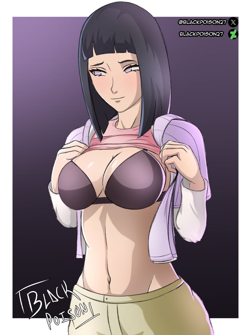 1girls bare_torso blackpoison27 blush boruto:_naruto_next_generations bra breasts breasts curvy_female curvy_figure deviantart_username exposed_bra female female_focus female_only half-dressed half_dressed hi_res high_resolution hyuuga_hinata hyuuga_hinata lifting_clothing lifting_shirt mature mature_female medium_breasts milf nose_blush pinup pose posing purple_eyes shoulder_length_hair solo solo_female standing twitter_username underwear watermark