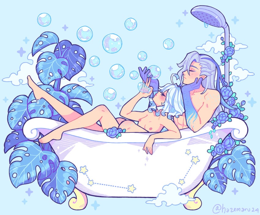 1boy 1girls bath bathing_together bathroom bathtub blue_hair breasts bubble bubble_bath bubbles casual female flower furina_(genshin_impact) genshin_impact hazemaru24 male male/female male_and_female_focus mixed_bathing neuvillette_(genshin_impact) nipples nonsexual_nudity nude small_breasts straight wholesome wholesome_nudity