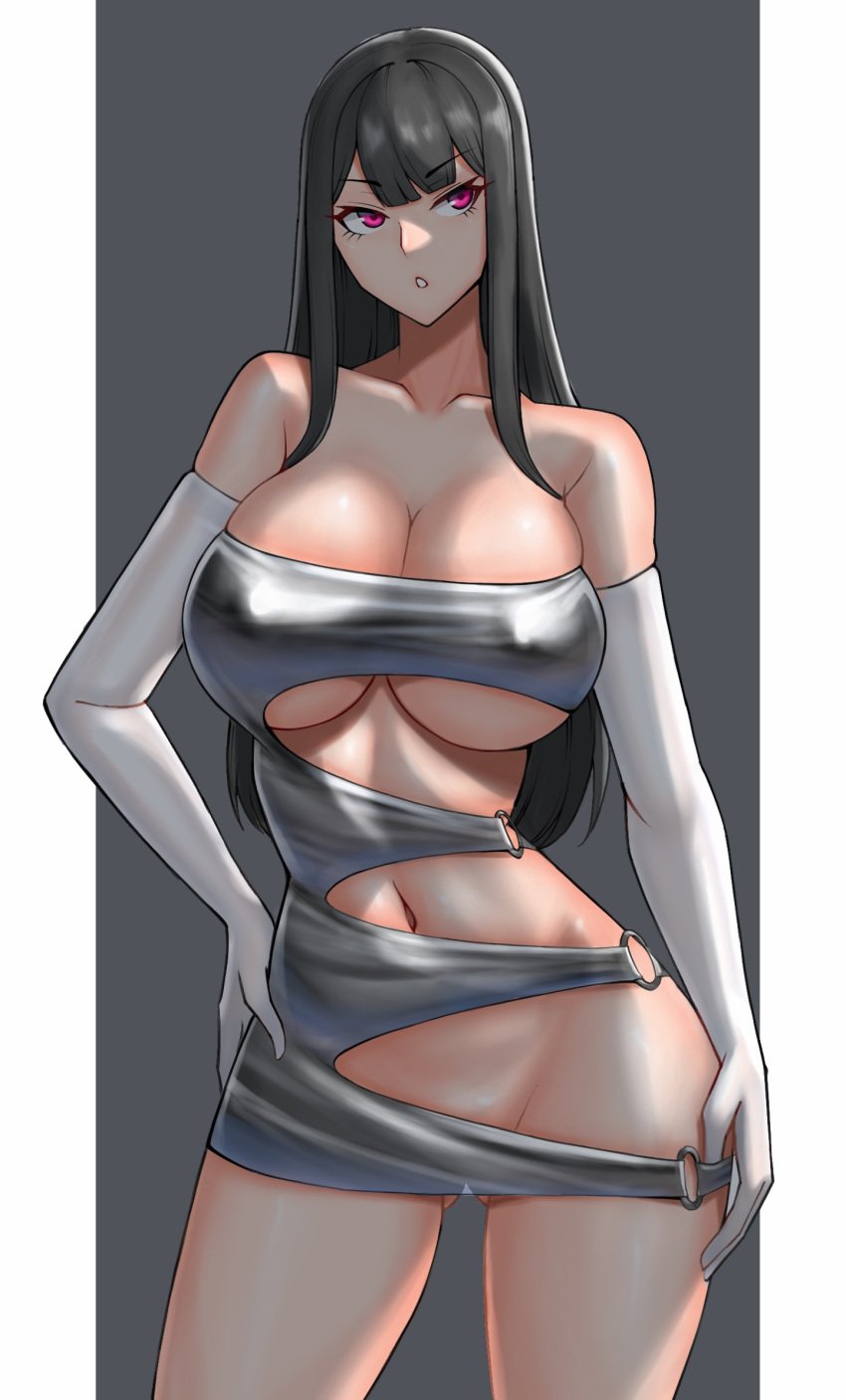 ass_visible_through_thighs black_hair bodycon breasts cleavage contrapposto covered_erect_nipples dress elbow_gloves female female_only fully_clothed gloves gluteal_fold grey_dress hand_on_own_hip highres large_breasts navel no_panties original paid_reward_available pointy_chin red_eyes revealing_clothes shiny_clothes skimpy_clothes solo standing tight_clothes tight_clothing tight_dress underboob vvv_(vvv98048917)