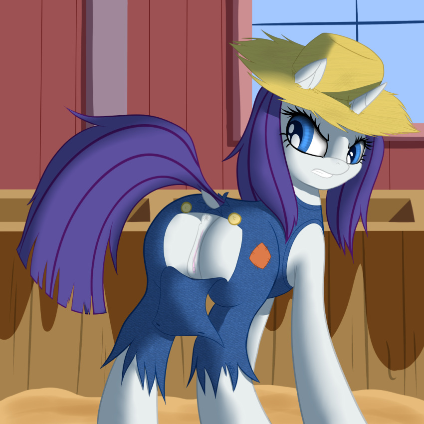 2014 anus ass blue_eyes butt_flap clothed clothing equine female friendship_is_magic fur hair hat horn horse looking_back mammal my_little_pony ookamithewolf1 pony purple_fur pussy rarity_(mlp) solo straight_hair unicorn wardrobe_malfunction white_fur