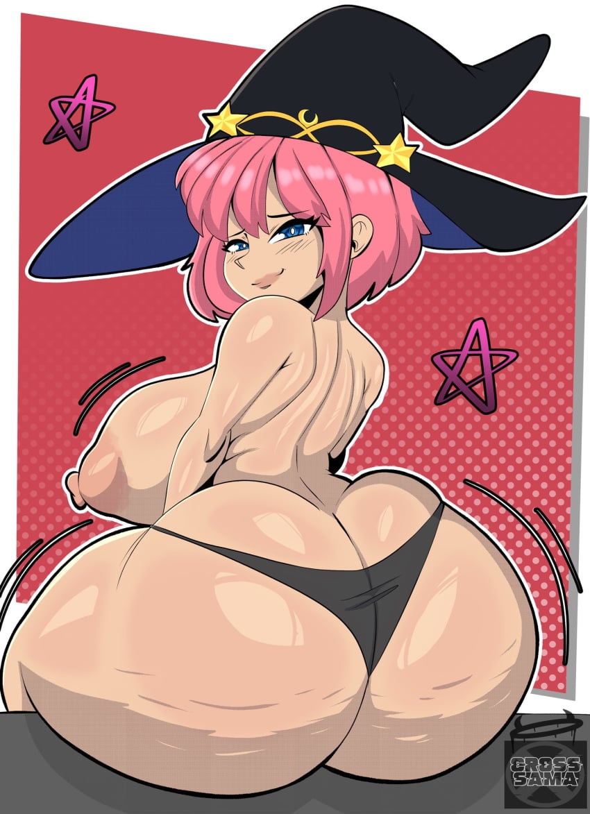 1female 2024 ass ass_bigger_than_head big_breasts black_thong blue_eyes breasts breasts_bigger_than_head cross_samax fat_ass female female_focus female_only looking_at_viewer looking_back looking_back_at_viewer nipples oc panties pillow_shading pink_hair smile thong voluptuous voluptuous_female wendalin_parker_(kejohndrawing) witch_hat