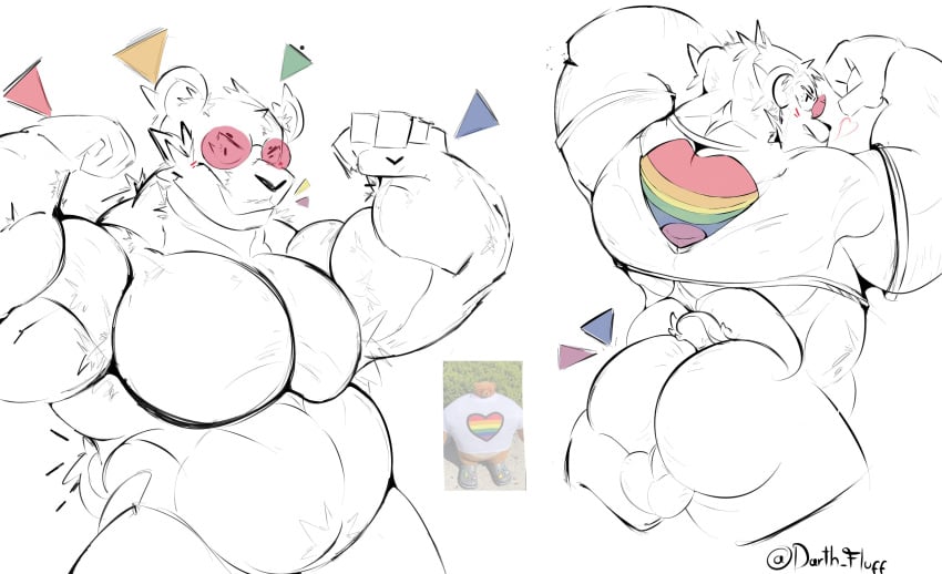 absurd_res anthro ass back balls bear belly biceps eyewear flexing flexing_bicep fluffos genitals glasses hi_res lgbt_pride male mammal musclegut muscular pecs pink_eyewear pink_glasses simple_background sketch smile smiling_at_viewer solo ursine