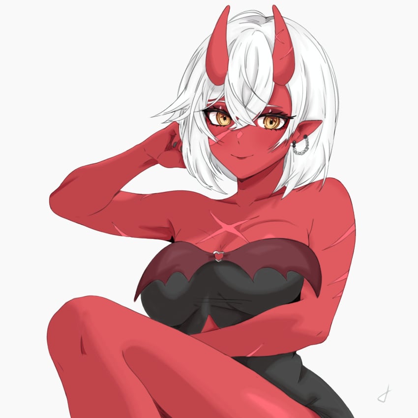 akumi big_breasts female horns oni oni_horns red_skin scars virtual_youtuber vyugen white_hair yellow_eyes