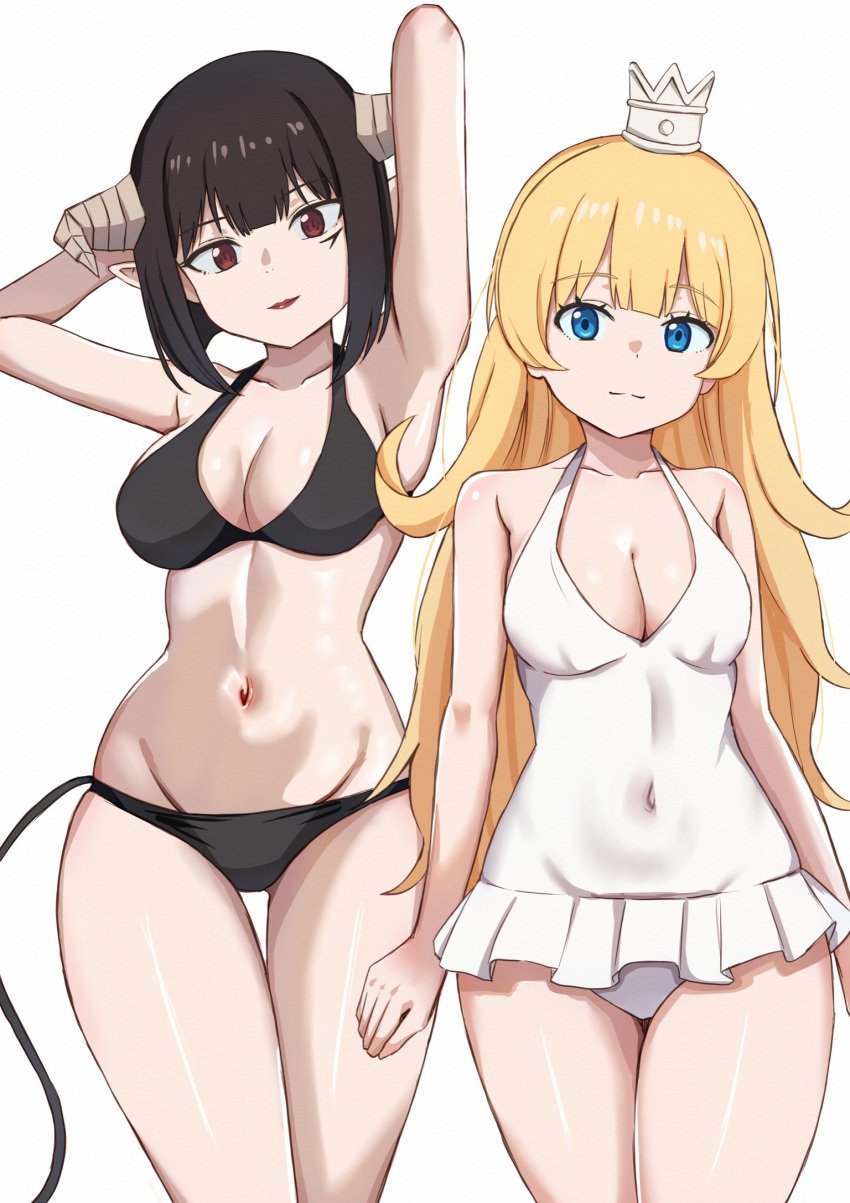 2girls arms_behind_head bikini black_bikini black_hair blonde_hair blue_eyes breasts cleavage covered_navel crown demon_girl demon_horns eyebrows_hidden_by_hair groin hair_between_eyes highres hime-sama_"goumon"_no_jikan_desu hime_(himesama_goumon) horns light_smile lipstick long_hair looking_at_viewer lowleg lowleg_bikini makeup medium_breasts mini_crown multiple_girls navel nootomo one-piece_swimsuit pointy_ears red_eyes simple_background stomach swimsuit tortura_torture torture_tortura white_background white_one-piece_swimsuit