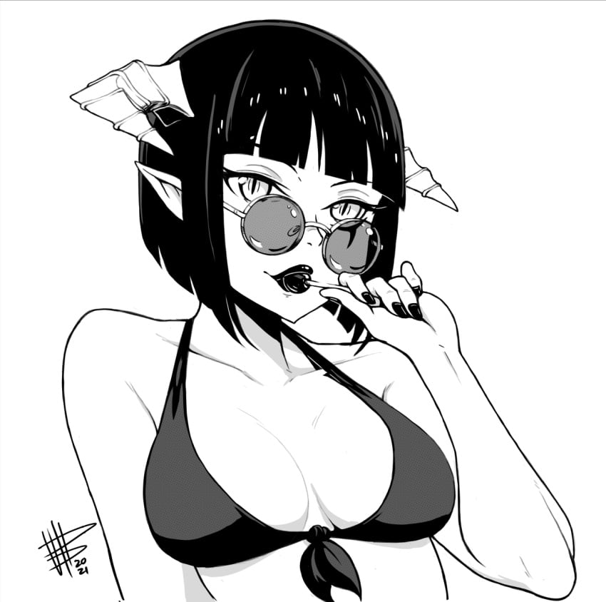 bikini blunt_bangs bob_cut candy demon_girl dithering female food front-tie_top glasses greyscale halterneck highres hime-sama_"goumon"_no_jikan_desu horns lollipop looking_over_eyewear looking_over_glasses mateus_upd monochrome nail_polish pointy_ears round_eyewear signature simple_background solo suggestive suggestive_gesture suggestive_pose sunglasses swimsuit tinted_eyewear tortura_torture torture_tortura upper_body