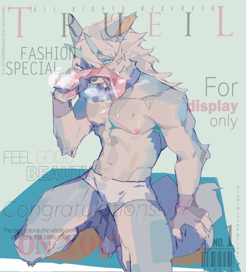 2024 2_horns abs anthro anthro_only barazoku biceps blue_body blue_eyes blue_fur canid canine canis clothed clothing countershading cover curved_horn fur hi_res horn magazine_cover male mammal muscular muscular_anthro muscular_male pecs shirtless_anthro shirtless_male underwear underwear_only viosgit white_body white_clothing white_countershading white_fur white_underwear wolf