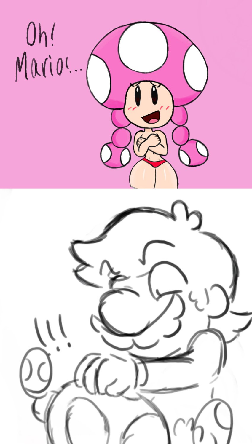 1boy 1boy1girl 1girls blowjob blush blush_lines covered_nipples covering_breasts deadmii dialogue female gloves grabbing_head hair implied_blowjob implied_oral male mario mario_(series) mob_face moustache mushroom_girl mushroom_humanoid nervous nervous_smile nintendo oral panties pink_background red_panties shiny_skin sucking sucking_penis text thick_thighs thighs toadette topless twintails worried worried_expression