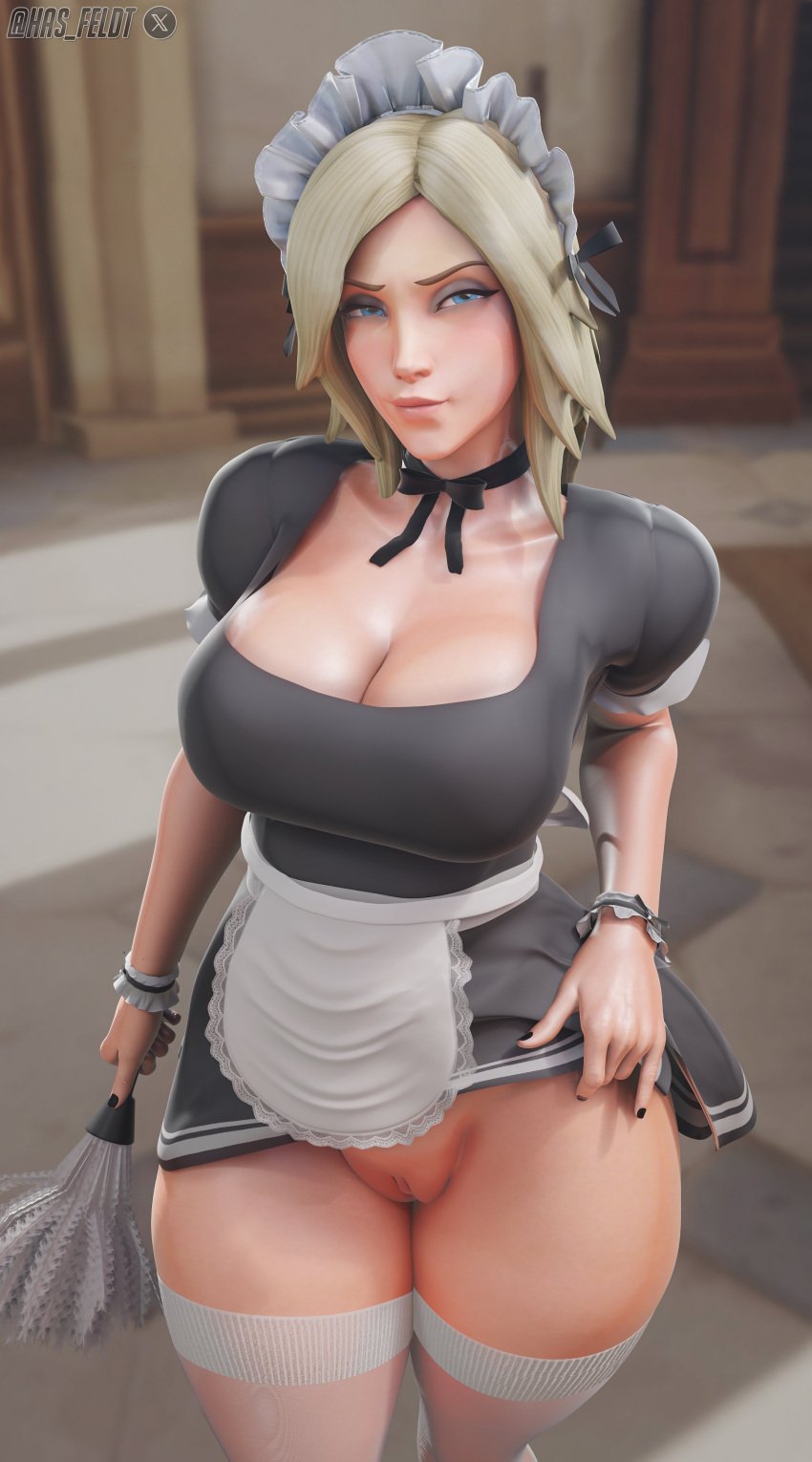 1girls 3d big_breasts black_nail_polish black_nails blonde_hair blue_eyes breasts cleavage female female_only hair hairless_pussy hasfeldt headdress headwear holding_object huge_breasts innie_pussy legwear lips maid maid_headdress maid_outfit maid_uniform mercy nail_polish nails neckwear overwatch presenting_pussy pussy shaved_pussy solo solo_female thighhighs thighs vagina white_thighhighs