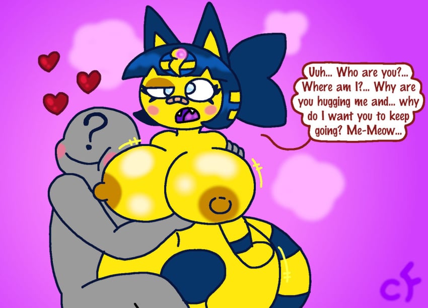 1girls 2023 animal_crossing ankha anon anthro bandaid bandaid_on_face big_breasts blue_eyes blue_fur blue_hair blush breasts cat_ears cat_tail chaos-force dialogue doubutsu_no_mori egyptian english_text fangs feline female hug huge_breasts huge_thighs hyper_breasts navel nile_(doubutsu_no_mori) nintendo nipples nude nude_female purple_background tail terankha text thick_thighs yellow_fur yellow_nipples