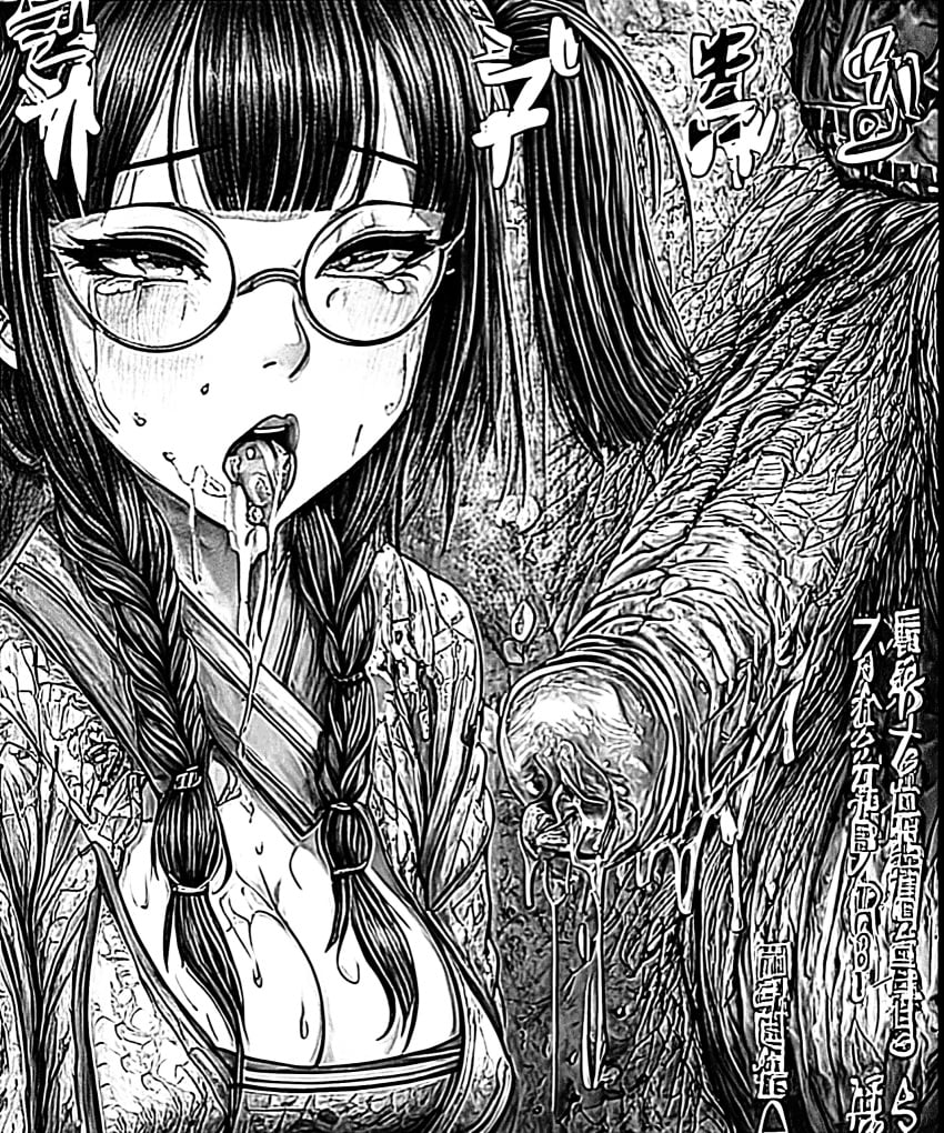 after_oral ai_generated big_penis black_and_white braided_hair breasts cum cum_in_mouth cute female glasses gurman hairy japanese manga manga_style sketch tears tongue tongue_out twintails ugly_bastard ugly_man young