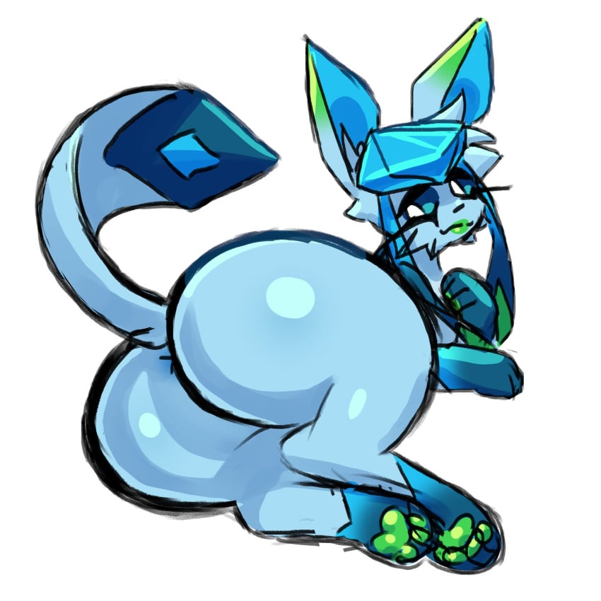 blank_background dumptruck_ass eeveelution feral fur furry glaceon green_lipstick huge_ass lime09 lipstick lounging pokemon smile toe_beans