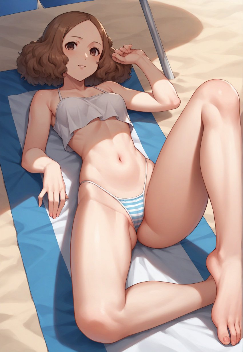 1girls ai_generated atlus beach beach_towel bikini brown_hair brown_hair_female curly_hair curly_hair_female female female_focus female_only haru_okumura light-skinned_female light_brown_hair light_skin looking_at_viewer megami_tensei persona persona_5 robinlover sega short_hair short_hair_female solo solo_female solo_focus tagme