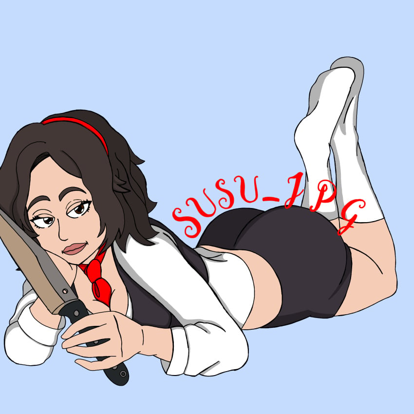 ass breasts bubble_ass bubble_butt crossed_ankles knife prone prone_position red_tie susu_jpg white_socks yoga_shorts