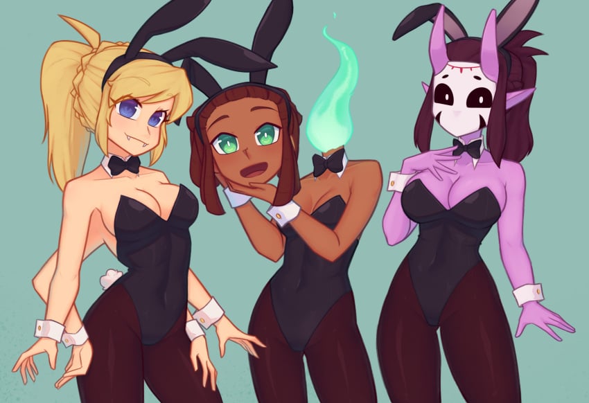 2d 3girls blonde_hair blue_eyes blush brown_hair bunnysuit dark_skin detachable_head dullahan light_skin looking_at_viewer mask medium_breasts multi_arm multi_limb nelly oc purple_skin xyroni