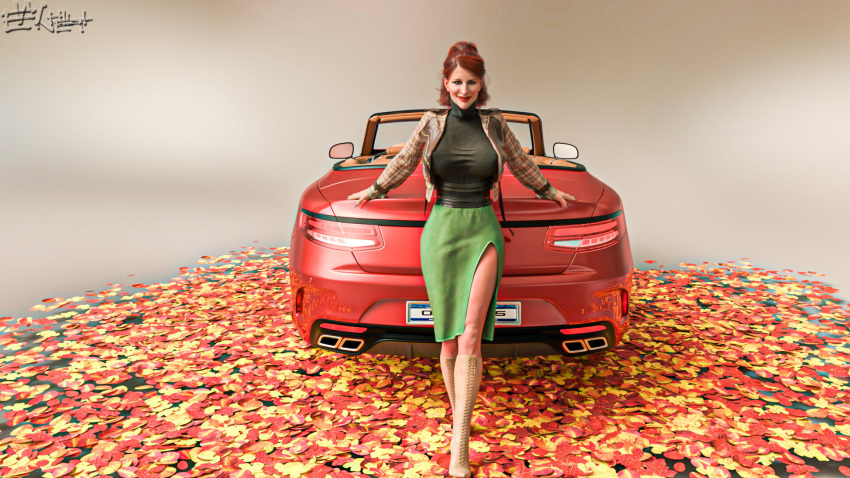 1girls 2023 3d autumn black_shirt car clothed clothing enetwhili2 female female_only front_view green_skirt huge_breasts leaves_on_ground lipstick looking_at_viewer mature mature_female milf open_shirt plaid_shirt red_hair red_lipstick shirt skirt solo solo_female standing