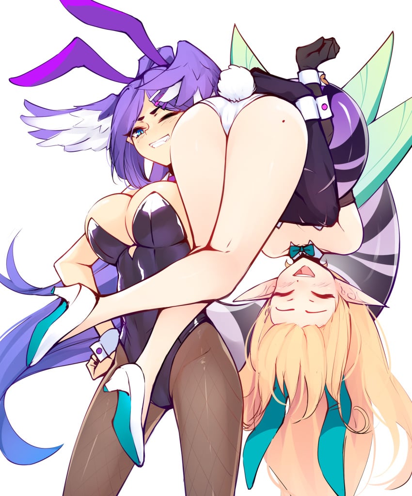 2023 2girls :) ;) ass ass_focus ass_up barely_contained barely_contained_breasts blonde_hair blush bowtie bracelet bracelets breasts bunny_ears bunny_tail bunnysuit carrying carrying_over_shoulder carrying_partner carrying_person closed_eyes clothed clothing cute dragon dragon_arm dragon_girl dragon_tail elf_ears fairy feathers female green_bowtie green_bunny_ears hair_wings hand_on_hip large_breasts laughing light_skin long_hair long_tail nijisanji nijisanji_en pantyhose pomu_rainpuff purple_bunny_ears purple_hair purple_tail ricegnat selen_tatsuki simple_background spherical_breasts striped_tail teal_eyes toothy_grin very_long_hair white_background white_feathers white_hair white_panties wink