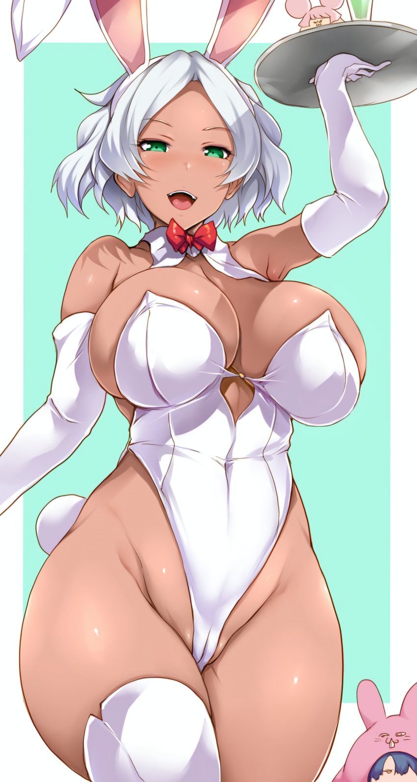 1girls border bow bowtie breasts bunnysuit cameltoe cleft_of_venus dark-skinned_female dark_skin elbow_gloves eyelashes female female_focus gloves green_background green_eyes gundam gundam_suisei_no_majo holding holding_plate hourglass_figure large_breasts leotard looking_at_viewer navel open_mouth outside_border plate playboy_bunny pussy_visible_through_clothes pussy_visible_through_leotard rabbit_ears rabbit_tail red_bow red_bowtie secelia_dote short_hair slim_waist solo thick_thighs thighs tsukasawa_takamatsu white_border white_gloves white_hair white_leotard wide_hips