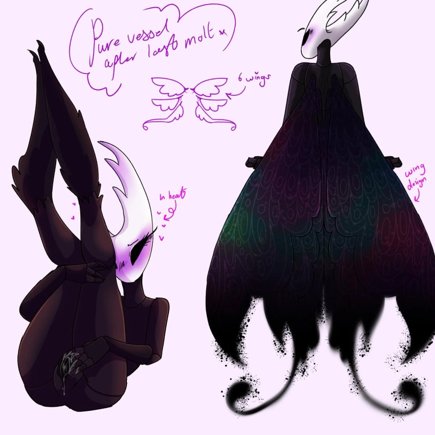 4_fingers after_masturbation after_orgasm anthro blush bodily_fluids cicadanoise female fingers genital_fluids heart_symbol hi_res holding_both_legs holding_legs_up hollow_knight hollow_knight_(character) in_heat noise nude pure_vessel_(hollow_knight) purple_blush solo team_cherry vaginal_fluids vessel_(species) wings