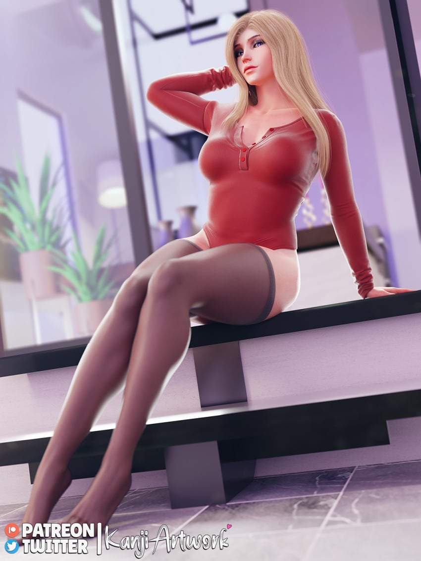 1girls 3d 3d_(artwork) barefoot blonde_female blonde_hair blue_eyes bottomless cute female female_focus female_only hair_down highres kanjiartwork kanjihentai leotard light-skinned_female light_skin long_hair mercy overwatch overwatch_2 stockings thighhighs