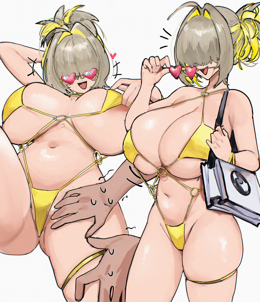 1boy 1girls 2024 areola_peek areolae bag big_breasts bikini bikini_pull blonde_hair breasts breasts_apart carrying_object dark_skin dirty_blonde_hair disembodied_hand elegg_(nikke) faceless_male female female_focus goddess_of_victory:_nikke hair_covering_eyes hair_over_eyes heart heart_glasses huge_breasts large_breasts light-skinned_female light_skin open_mouth partial_male short_hair skindentation solo_focus sunglasses swimsuit tagme teasing thick_thighs thigh_grab thigh_strap thighs tinted_eyewear top_heavy uun_(uundayo_olo) white_background yellow_bikini