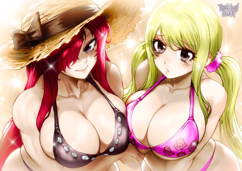 2girls arms_crossed_under_breasts arms_under_breasts bikini blonde_hair breast_squish brown_eyes cleavage color curvy erza_scarlet fairy_tail fat_breasts female female_only flat_belly large_breasts long_hair lucy_heartfilia one_eye_obstructed pout red_eyes red_hair redraw side_by_side smiling straw_hat thegoldensmurf twintails.