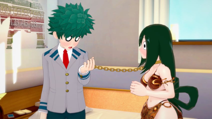 asui_tsuyu bare_arms bare_legs bare_midriff bare_shoulders bare_thighs bedroom bedroom_background bedroom_setting belly_button bikini bikini_top black_hair blush book bra bracelet brown_bikini brown_bikini_top brown_bra buttons chain_leash chained chained_collar chains collar curtain curtains deku face_freckles female female/male freckles freckles_on_face girl gold_(metal) gold_bracelets gold_buttons gold_chain gold_chains gold_collar gold_jewelry golden_bracelets golden_collar gray_jacket green_hair green_pants highlights_(coloring) izuku_midoriya leash leash_and_collar leash_pull leashed_collar leashed_female light-skinned_female light-skinned_male light_skin loincloth long_hair male male/female metal_collar midoriya_izuku midriff my_hero_academia navel phone poster_(object) red_loincloth red_tie short_hair slave slave_bikini slave_collar slave_leia slave_leia_(cosplay) slave_outfit slavegirl small_boobs small_breasts thick_thighs tie tied_hair tied_shirt tsuyu_asui white_shirt window