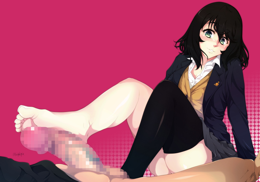 1boy barefoot black_hair blazer blush bottomless cardigan censored feet female footjob green_eyes highres hiromin long_hair lying on_back original penis school_uniform single_thighhigh sitting solo_focus thighhighs toes upskirt