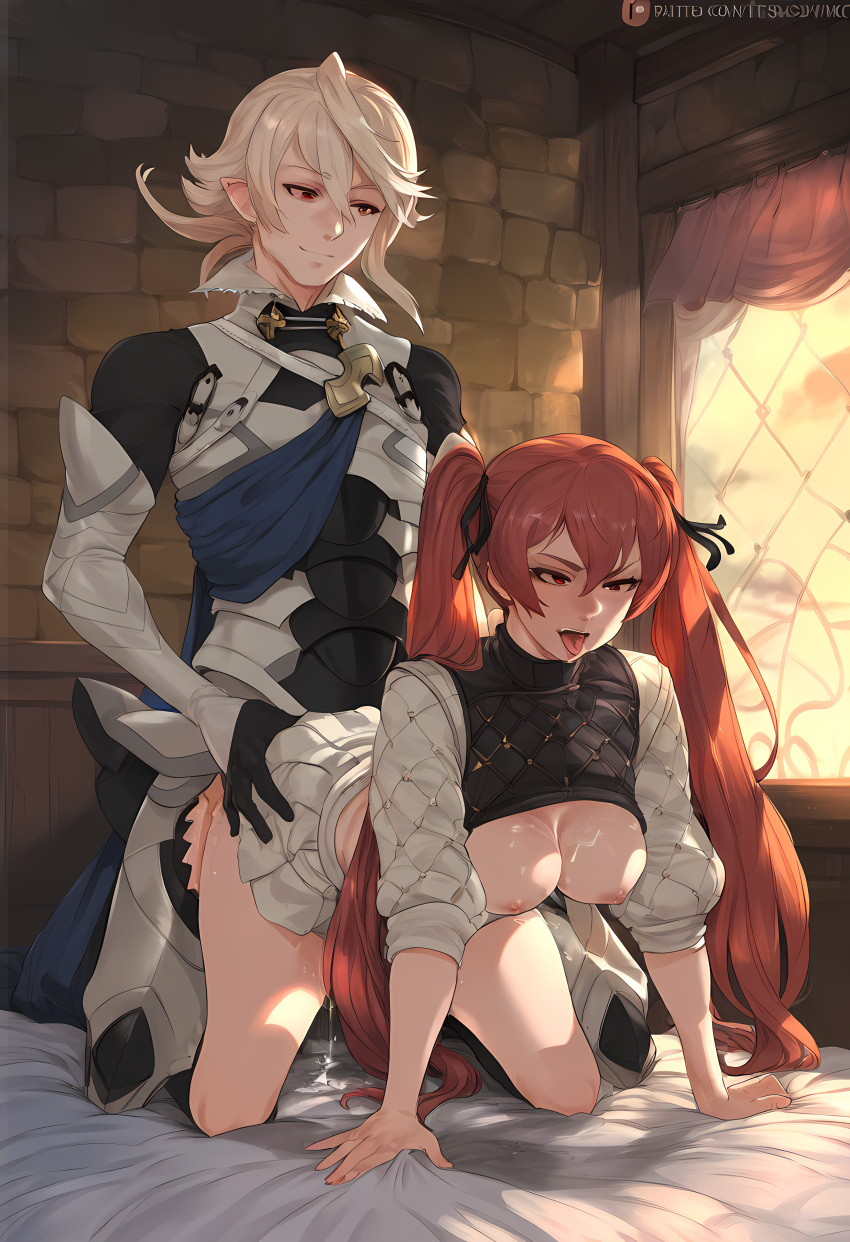 1boy 1girls ai_generated blond_hair breasts breasts_out clothed clothed_sex corrin_(fire_emblem) corrin_(fire_emblem)_(male) cum cum_drip cum_on_breasts doggy_style female fire_emblem fire_emblem_heroes lsjsim128 male nintendo pointy_ears red_eyes red_hair selena_(fire_emblem_fates) severa_(fire_emblem) sex sex_from_behind twintails