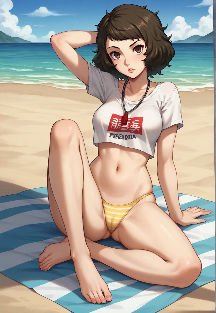 1girls ai_generated atlus beach beach_towel bikini brown_hair brown_hair_female curly_hair curly_hair_female female female_focus female_only light-skinned_female light_skin looking_at_viewer megami_tensei persona persona_5 robinlover sadayo_kawakami sega short_hair short_hair_female solo solo_female solo_focus tagme