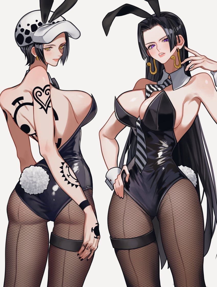 2girls ass ass ass_focus back back_view bare_arms bare_shoulders big_ass big_breasts big_butt black_hair blush boa_hancock bunny_ears bunny_tail bunnysuit clothed clothing color female female_focus female_only hat hi_res jewelry large_breasts light-skinned_female light_skin long_hair looking_at_viewer one_piece purple_eyes short_hair shounen_jump siokosho_kinoko solo_female tagme tattoos thick_thighs trafalgar_law trafalgar_law_(female) yellow_eyes