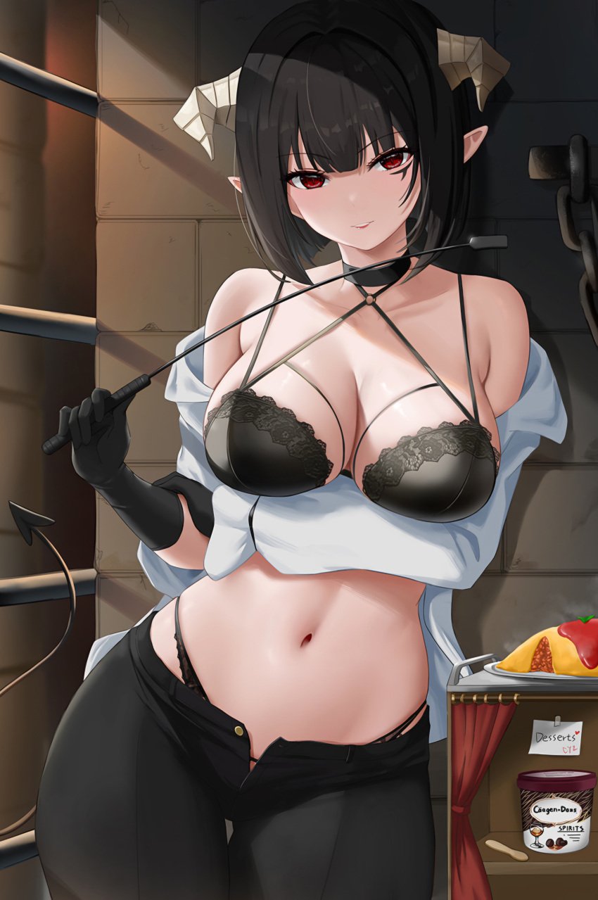 arm_under_breasts bare_shoulders black_bra black_hair black_panties black_pants blush bra breasts cleavage clothes_pull collarbone cowboy_shot cyicheng demon_girl demon_horns demon_tail dot_nose eyebrows eyelashes facial_mark female female_focus food gloves grin hand_on_own_arm hand_up hime-sama_"goumon"_no_jikan_desu holding holding_riding_crop horns indoors large_breasts leaning_to_the_side long_sleeves looking_at_viewer medium_hair naughty_face navel o-ring o-ring_bra open_clothes open_pants open_shirt panties pants pointy_ears pov red_eyes riding_crop shirt shirt_pull smile solo standing tail teeth torture_tortura underwear white_shirt