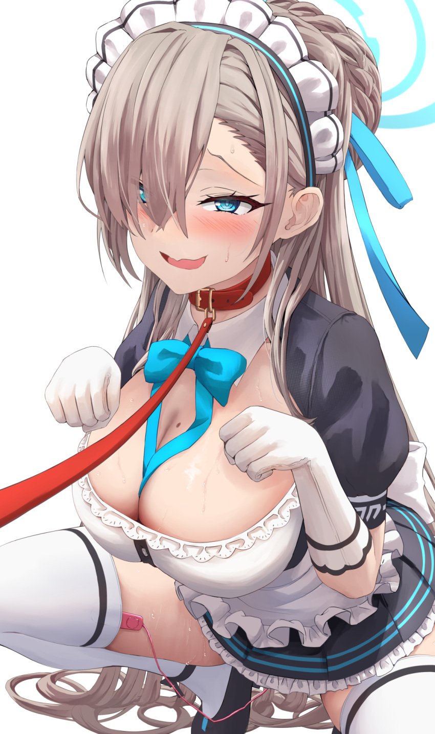 apron asuna_(blue_archive) black_dress blue_archive blue_eyes blue_ribbon blush bow bowtie breasts choker cleavage collar detached_collar dress elbow_gloves female garter_straps gloves hair_over_one_eye hair_ribbon halo headset highres large_breasts leash light_brown_hair long_hair looking_at_viewer maid_headdress open_mouth pleated_skirt puffy_short_sleeves puffy_sleeves ribbon sex_toy short_dress short_sleeves silver_bullet_(ecc12_8) skirt smile solo squatting thighhighs very_long_hair vibrator waist_apron white_apron white_gloves white_thighhighs