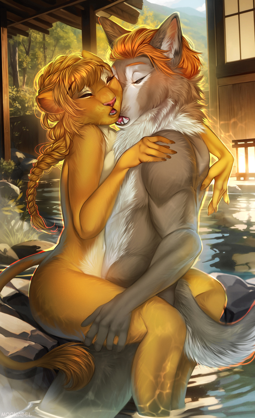 absurd_res anthro blush canid canine canis duo felid female hi_res hot_spring hug kittmouri leg_grab lion male male/female mammal moonabel nude onsen pantherine romantic romantic_couple sauna steam tail tail_tuft tasteful_nudity tuft water wolf