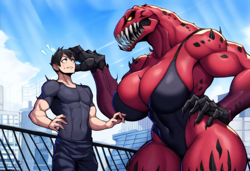 1boy 1boy1girl ai_generated assertive_female big_breasts black_hair city day female height_difference human human_on_monster imminent_sex male/female monster monster_girl mullon muscular_female novelai original red_body sharp_teeth