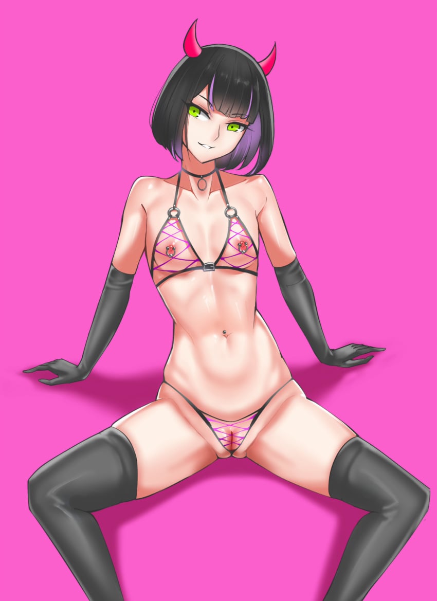 1girls bare_shoulders black_choker black_gloves black_hair black_thighhighs breasts choker cleft_of_venus collarbone elbow_gloves female female female_focus female_only flat flat_chest flat_chested gloves green_eyes highres horns invisible_chair mosquito_bites multicolored_hair navel navel_piercing nipple_piercing o-ring original parted_lips perky_nipples petite petite_body petite_breasts petite_female piercing pink_background purple_hair pussy revealing_clothes shiny_skin simple_background sitting small_breasts smile solo spread_legs streaked_hair thighhighs vvv_(vvv98048917) young young_female young_woman