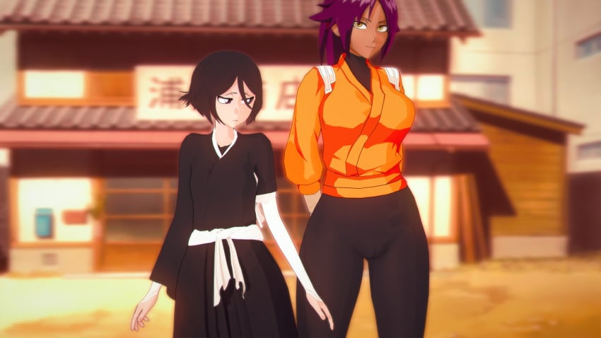 2girls 3d black_hair bleach bodysuit breasts dark-skinned_female dark_skin excited excited_for_sex exhibitionism female female_focus female_pervert female_pubic_hair kuchiki_rukia large_breasts long_hair mw9 pervert provocative pussy shihouin_yoruichi short_hair small_breasts solo