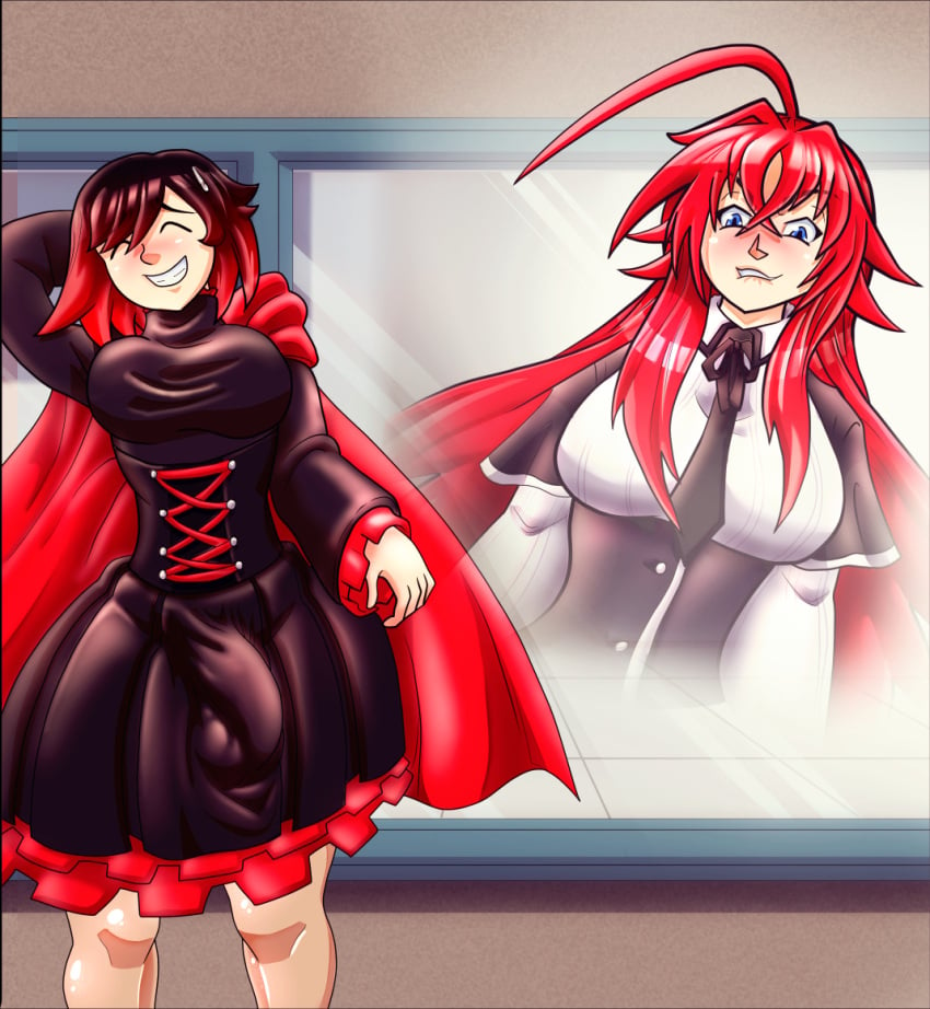 1futa 1girls bulge bulge_under_clothes comic_panel dinotits full-package_futanari futanari high_school_dxd penis_under_clothes penis_under_skirt rias_gremory ruby_rose rwby self_upload tagme