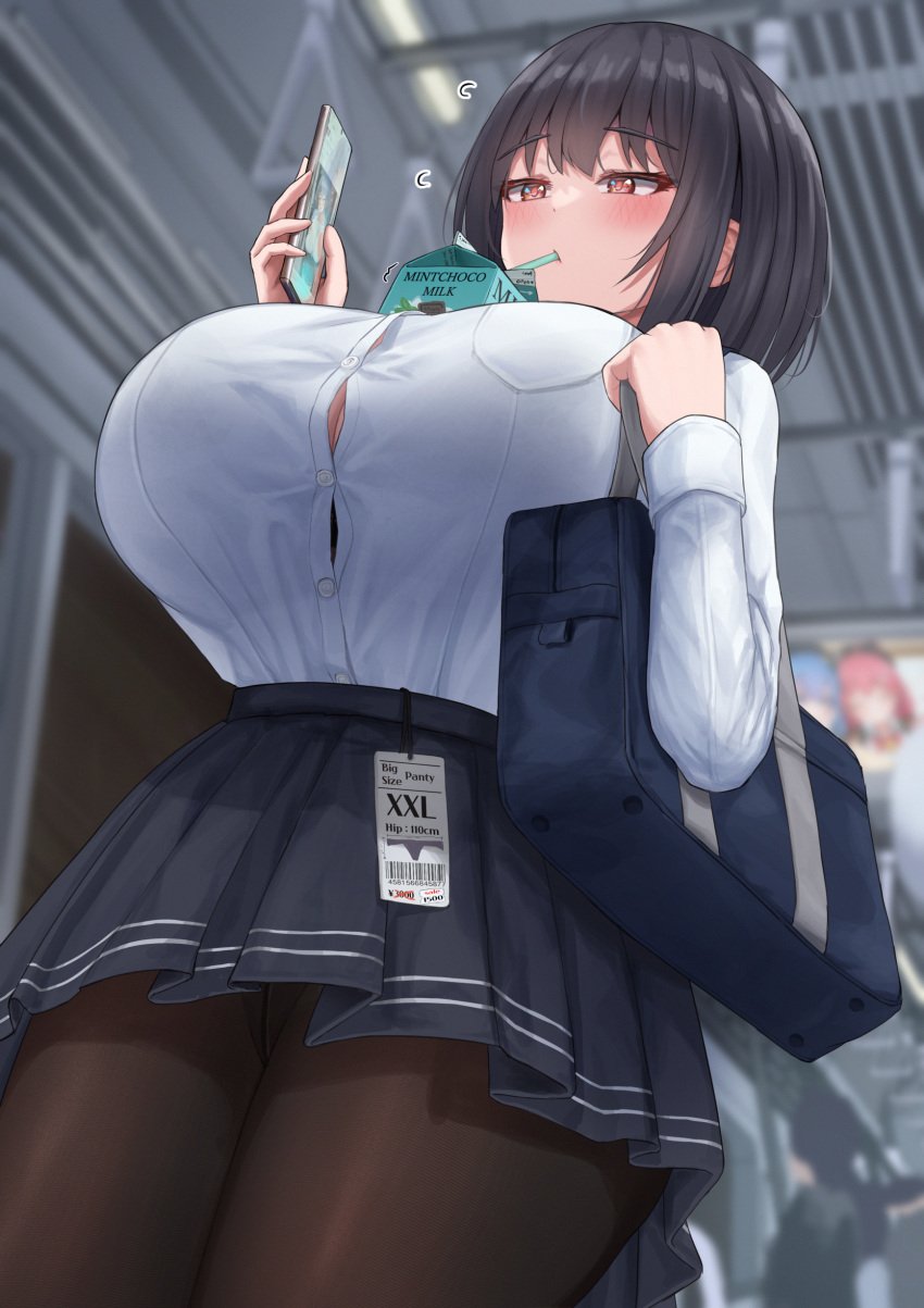 1girls \ bag black_hair blush boo_iro breasts dark_hair drinking drinking_straw female holding_with_breasts iro_(boo_iro) large_breasts long_sleeves pantyhose phone red_eyes shirt short_hair skirt smartphone train