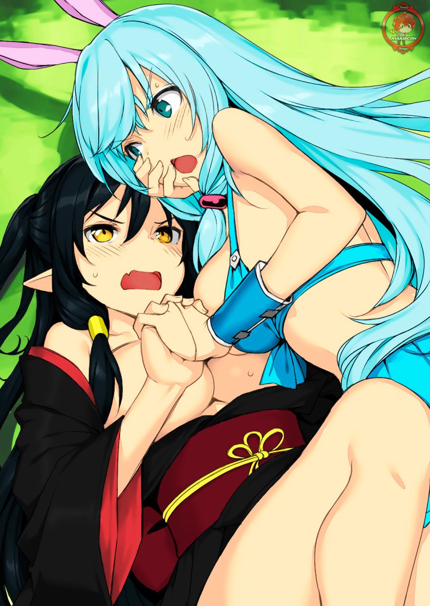 2girls angry annoyed aqua_eyes arifureta_shokugyou_de_sekai_saikyou black_hair blue_hair breasts breasts_out catfight convenient_censoring cowgirl_position fighting hand_grab highres interlocked_fingers japanese_clothes large_breasts legs long_hair lying multiple_girls no_bra novel_illustration oerba_yun_fang official_art open_mouth pointy_ears rabbit_ears shea_haulia sideboob sweat tank_top thighs tio_clarce yellow_eyes