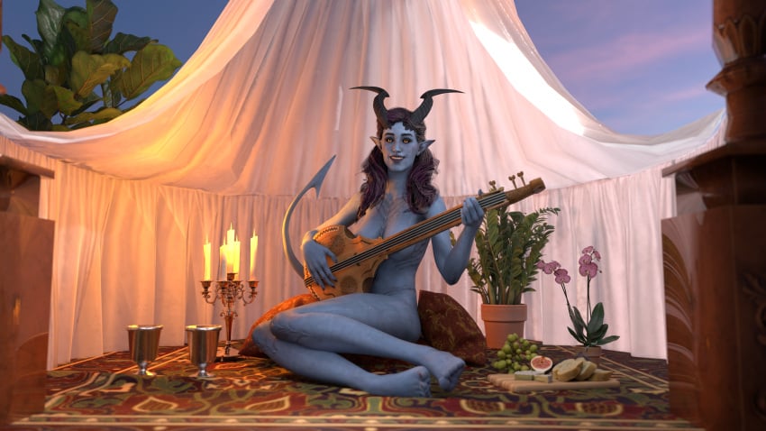 1girls 3d alfira baldur's_gate_3 barefoot blue_skin bread candle casual censored_nipples censored_pussy cheese dungeons_and_dragons female female_focus food grapes horns lute musical_instrument naked pointy_ears purple_hair seductive_pose smile smiling smiling_at_viewer tail tiefling tiefling_girl video_game_character wine