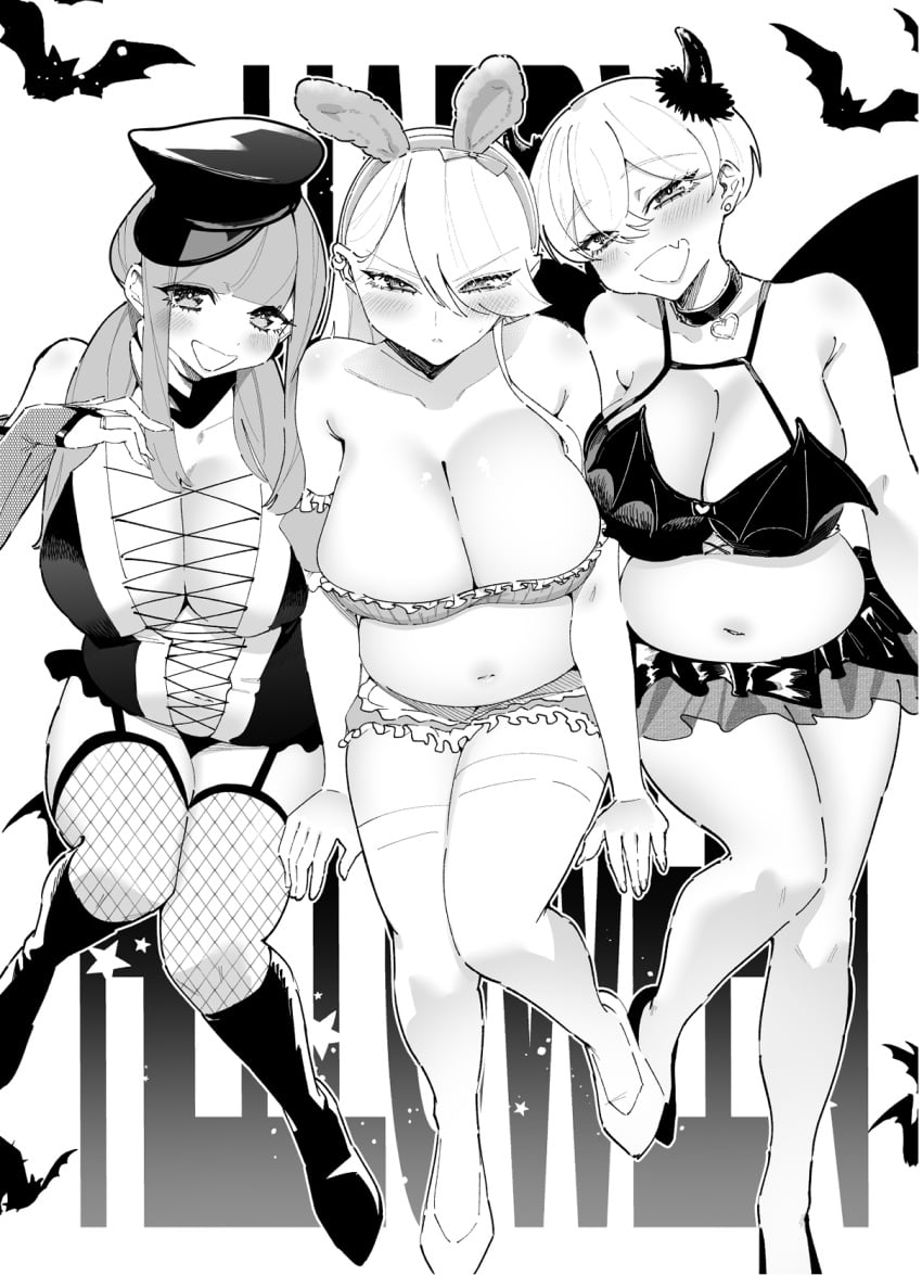 3girls angry animal_ears bat_(animal) belly bikini blush boots bra breasts bridal_gauntlets choker cleavage collarbone fake_horns fishnet_thighhighs fishnets frilled_bra frilled_skirt frills frown garter_straps greyscale hand_on_own_chest hat high_heels highres horns invisible_chair large_breasts leotard long_hair looking_at_viewer low_twintails miniskirt monochrome multiple_girls navel oerba_yun_fang open_mouth original plump rabbit_ears short_hair sitting skin_fang skirt smile strapless strapless_bra swimsuit terano_haruma thighhighs twintails underwear