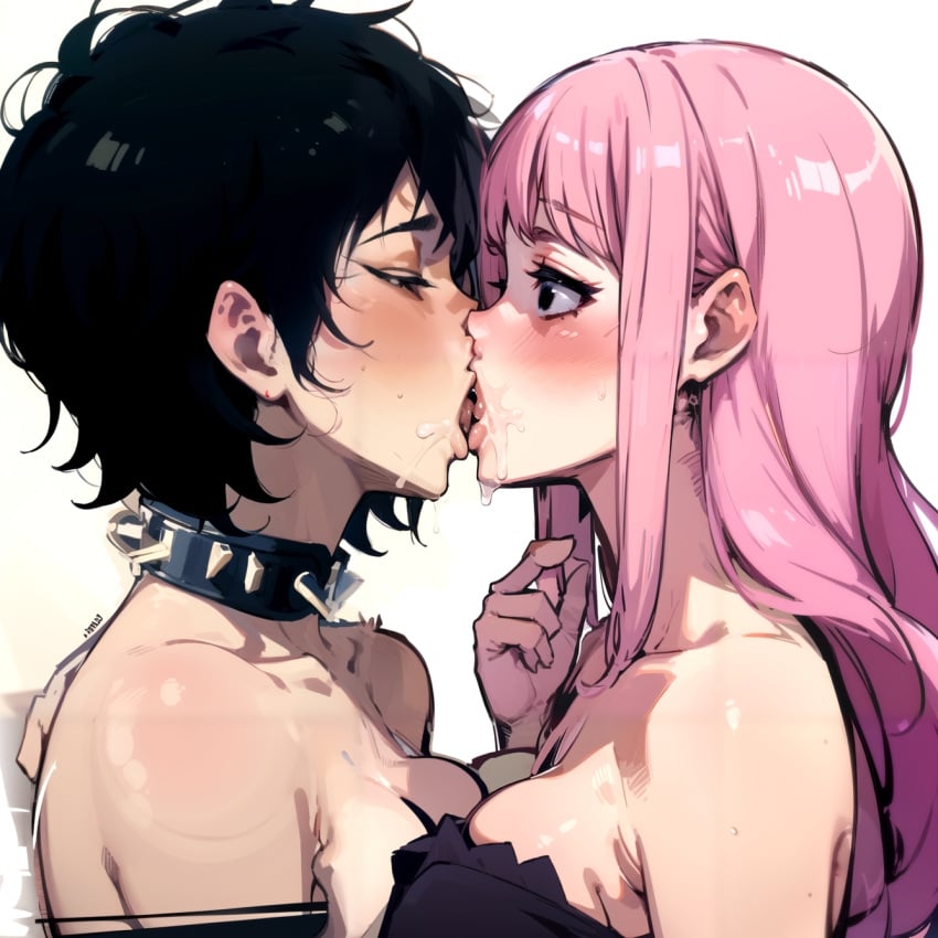 2girls ai_generated artist_request black_hair doll_(one_piece) female female_only goth kissing making_out one_piece perona pink_hair yuri